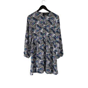 Yumi Kim Multicolor 100% Silk All Over Geometric Pattern Long Sleeve Short Dress